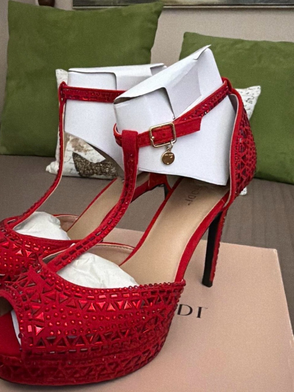 Thalia Sodi Red T-Strap Stiletto Platform Sandals